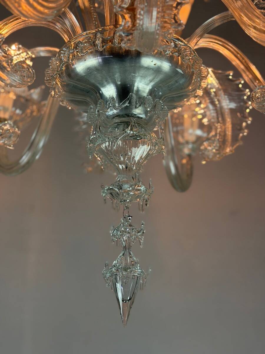 Venetian chandelier in colorless Murano glass with 6 light arms, circa 1930