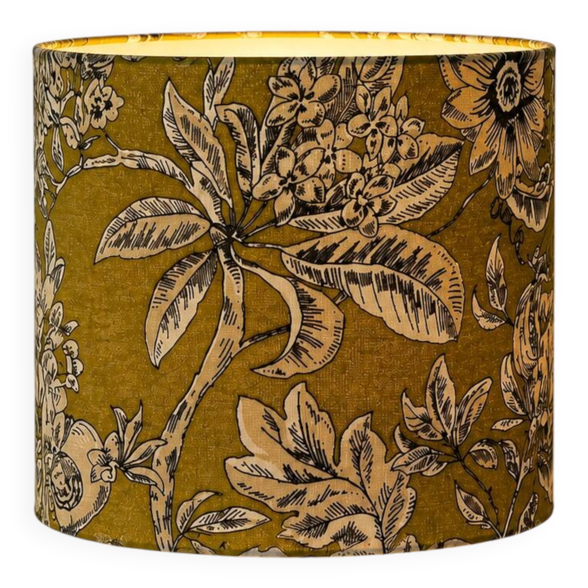 Lampshade dressed in a modern tropical-inspired pattern blending