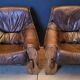 Pair of Vintage Brutalist armchairs from the 60s in leather and solid oak