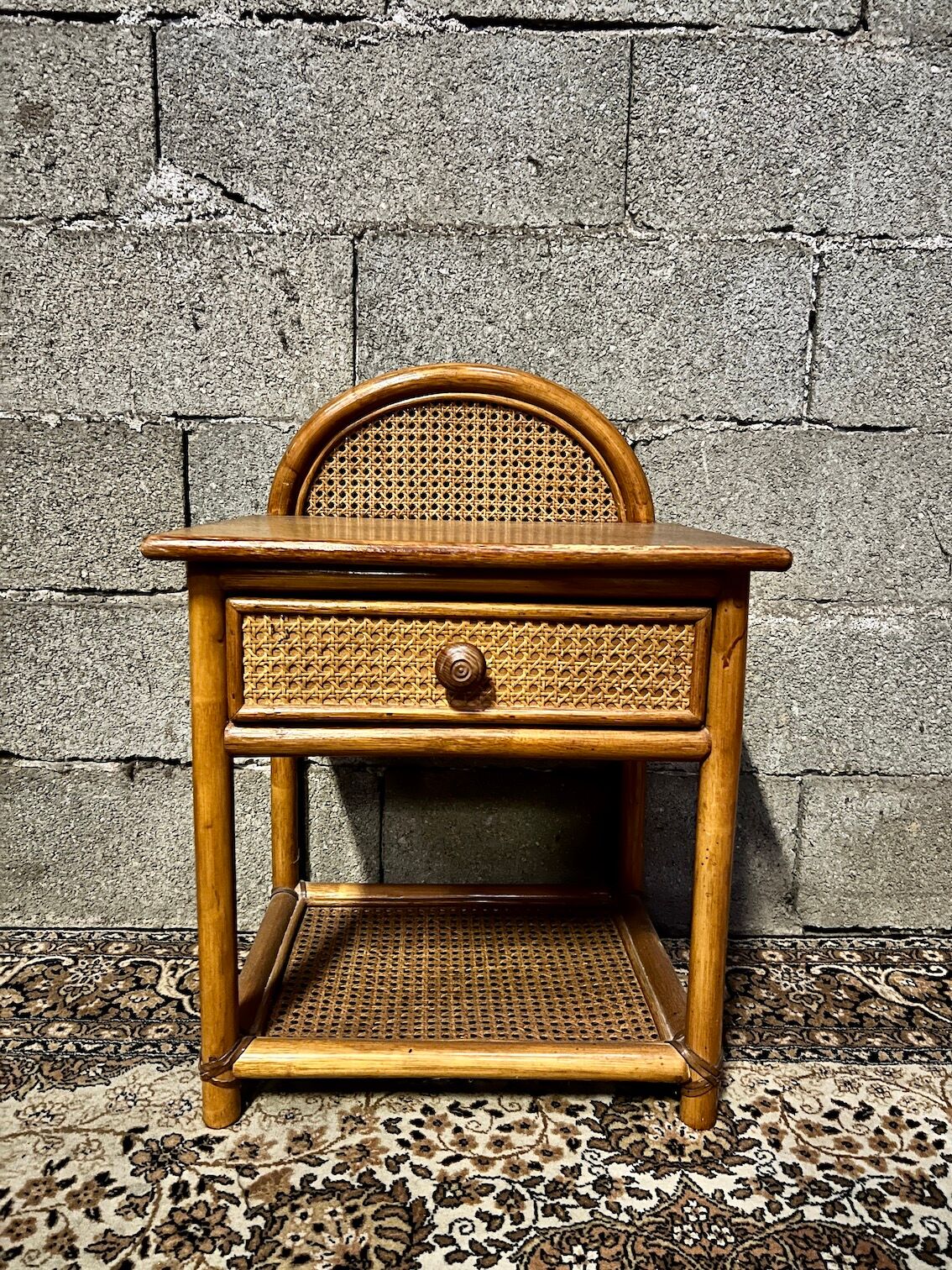 Vintage bedside table in rattan, wood and canning