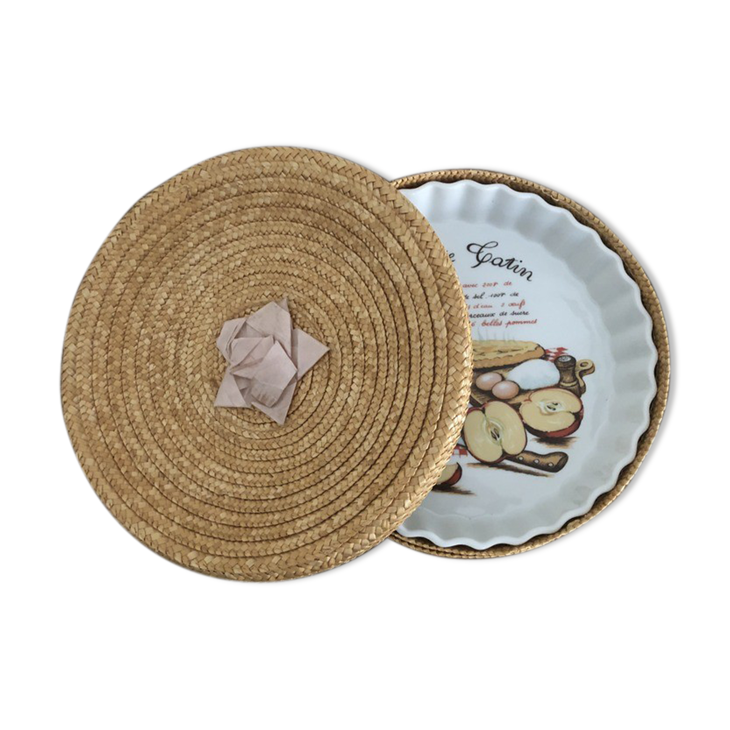 Pie dish in his wicker basket