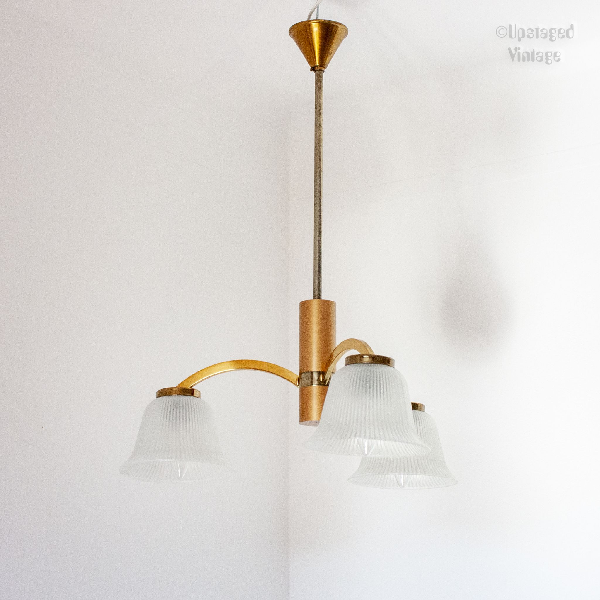 Mid-Century Ceiling Lamp in Brushed Gold with Lampshade in Ribbed Glass G.V. Luminaires