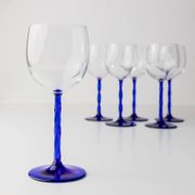Six cobalt blue Murano glass wine glasses with twisted stems, 1970s Italy, elegant clear bowls