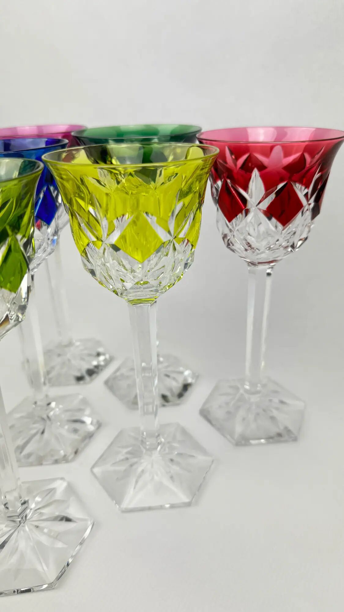 Val Saint Lambert, 6 coloured crystal Roemer glasses, 19 cm