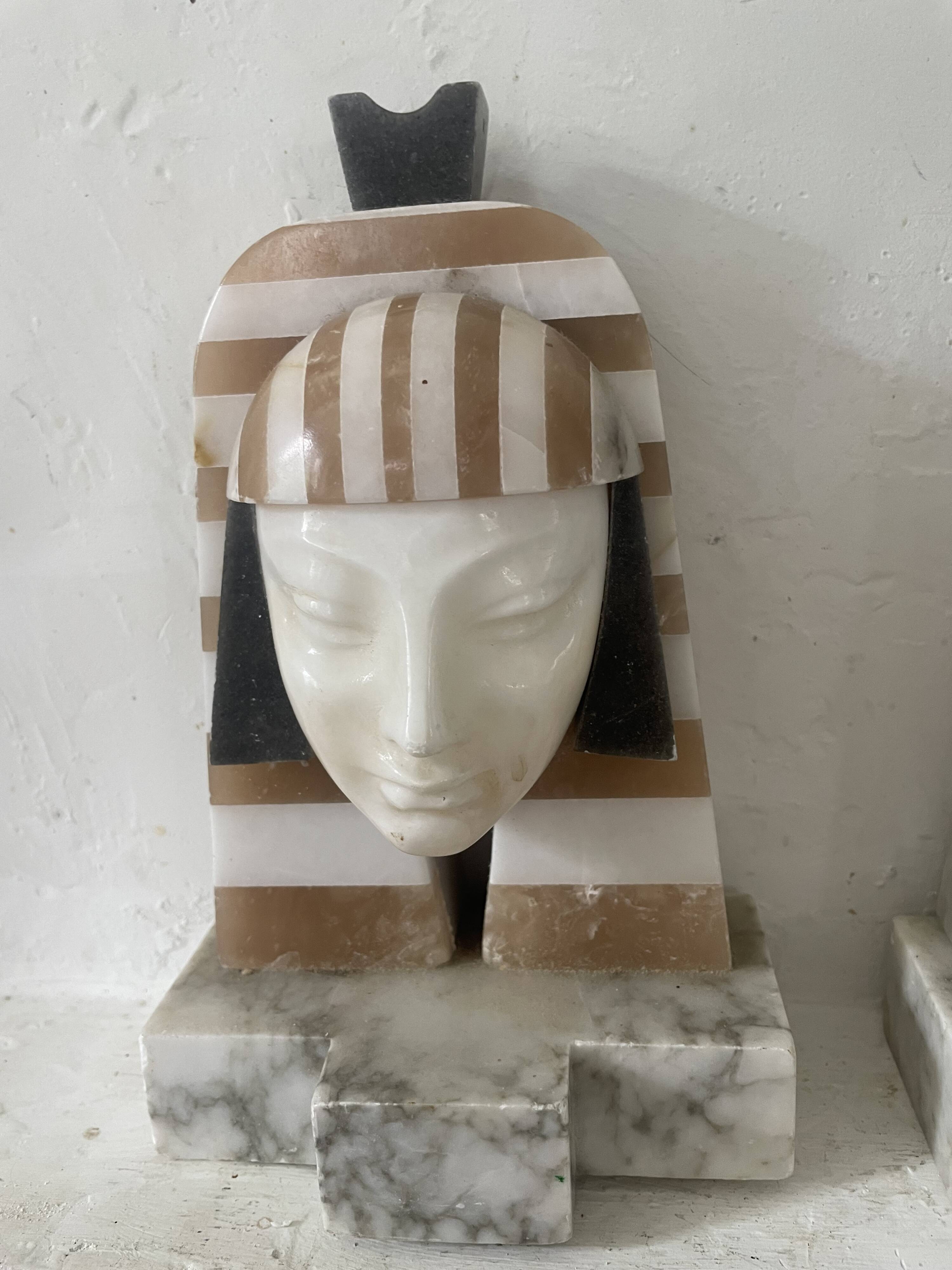 Art Deco "Egyptian Revival" pair of bookends in carved alabaster