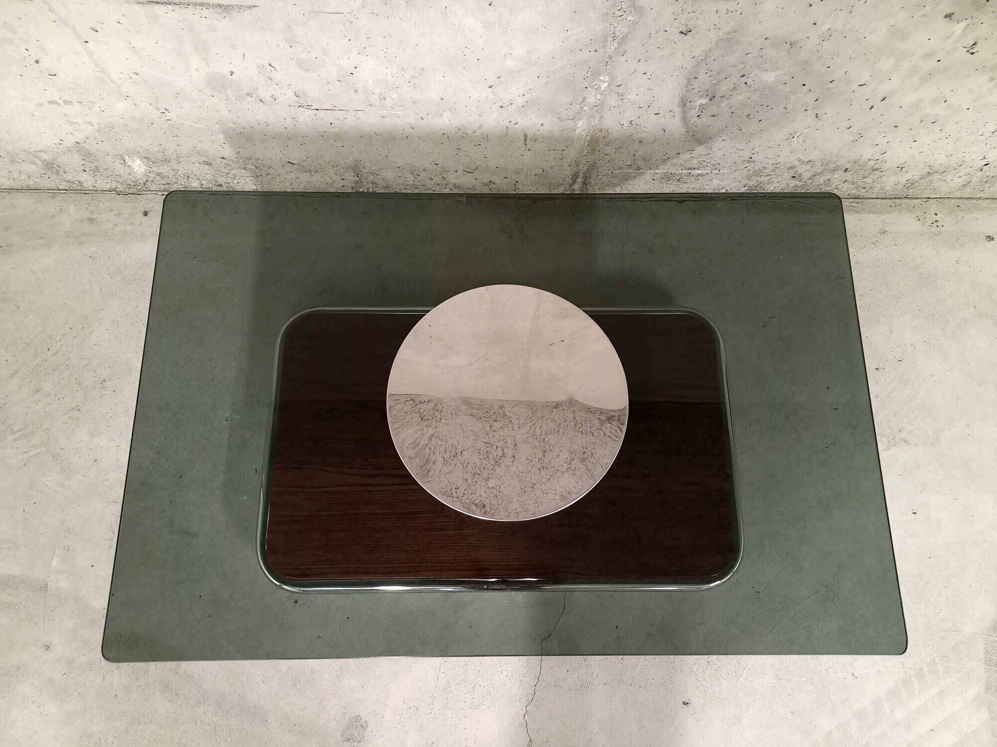 Vintage coffee table in smoked glass, chrome metal and wood décor 60s 70s
