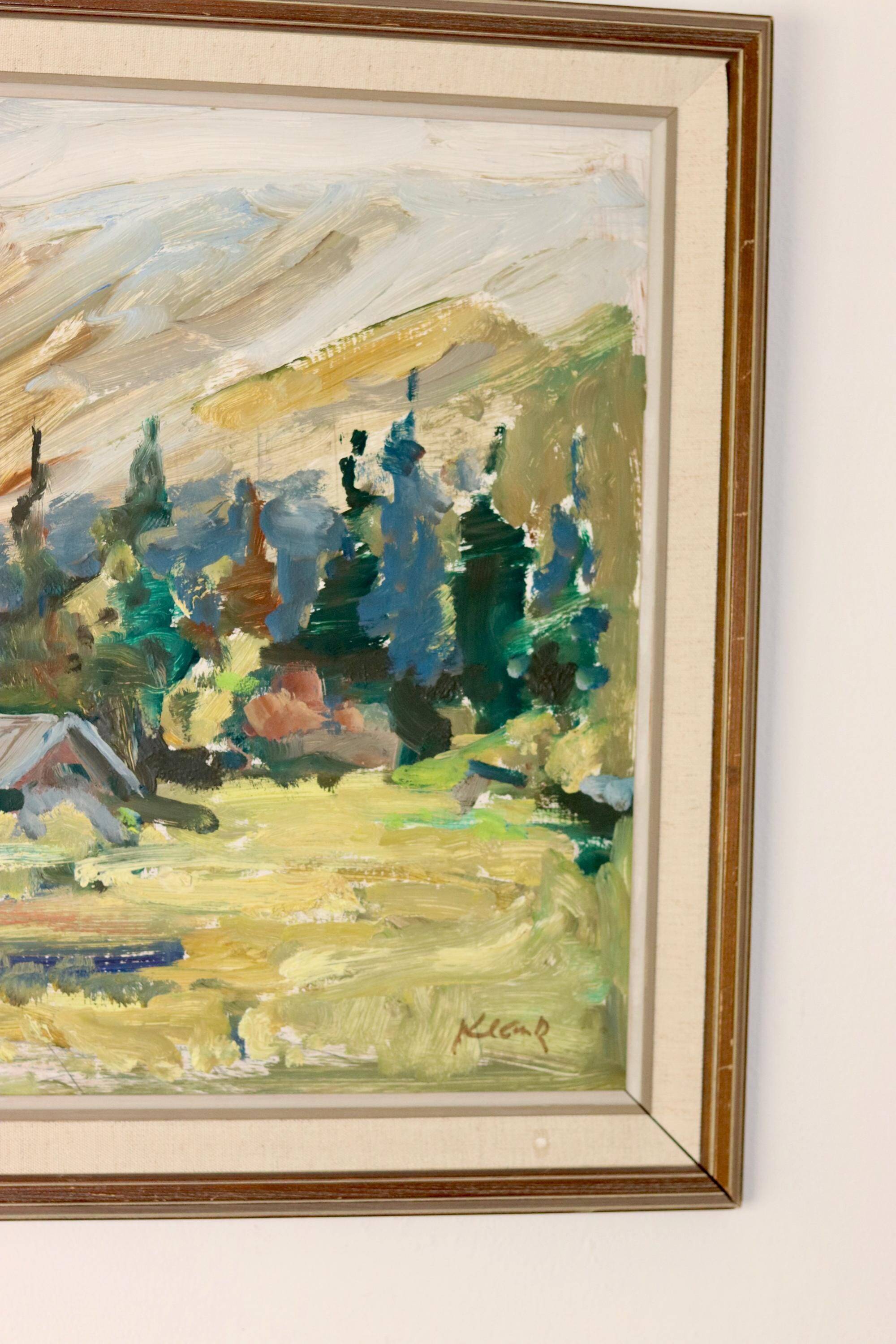 Oil painting on vintage panel "Mountain Cabin with Forest and Hills" - Vintage and framed