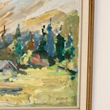 Oil painting on vintage panel "Mountain Cabin with Forest and Hills" - Vintage and framed