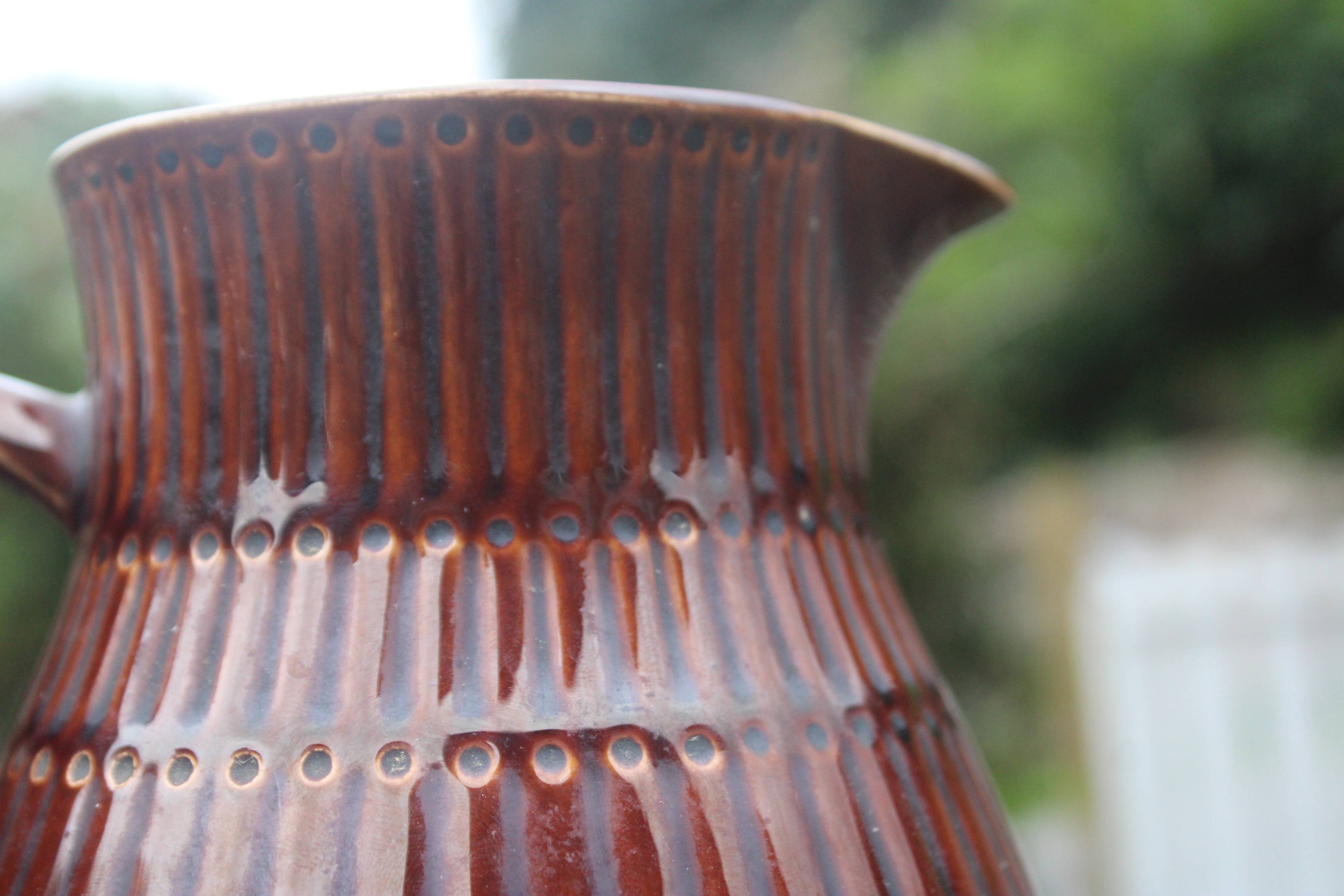 Superb vintage Digoin Sarreguemines pitcher in brown enamelled ceramic