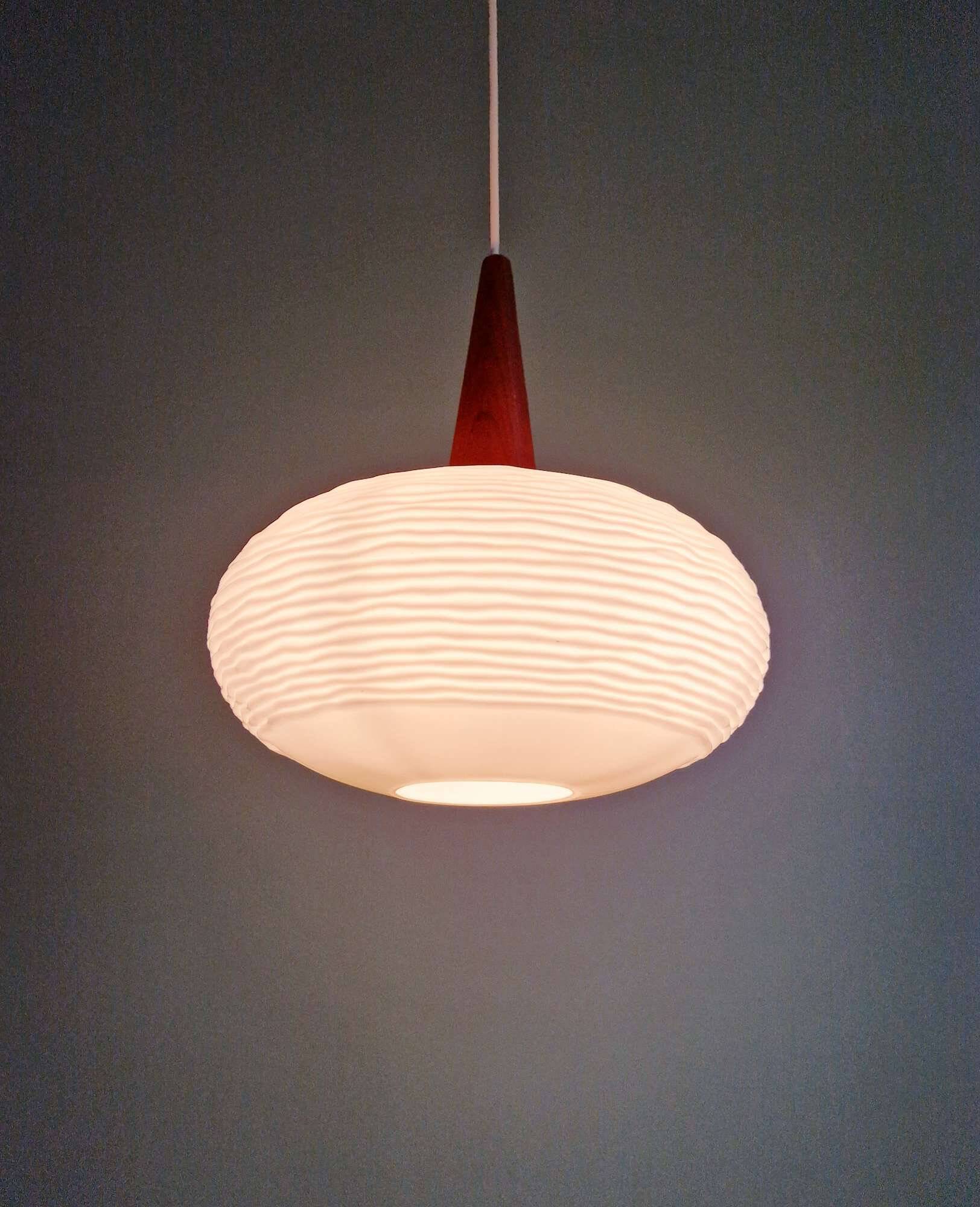 White opaline and teak pendant light, Scandinavian style, 1960s