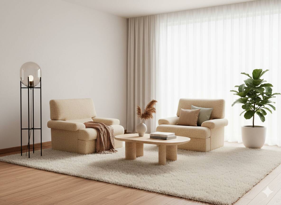 2 minimalist beige armchairs, 1970