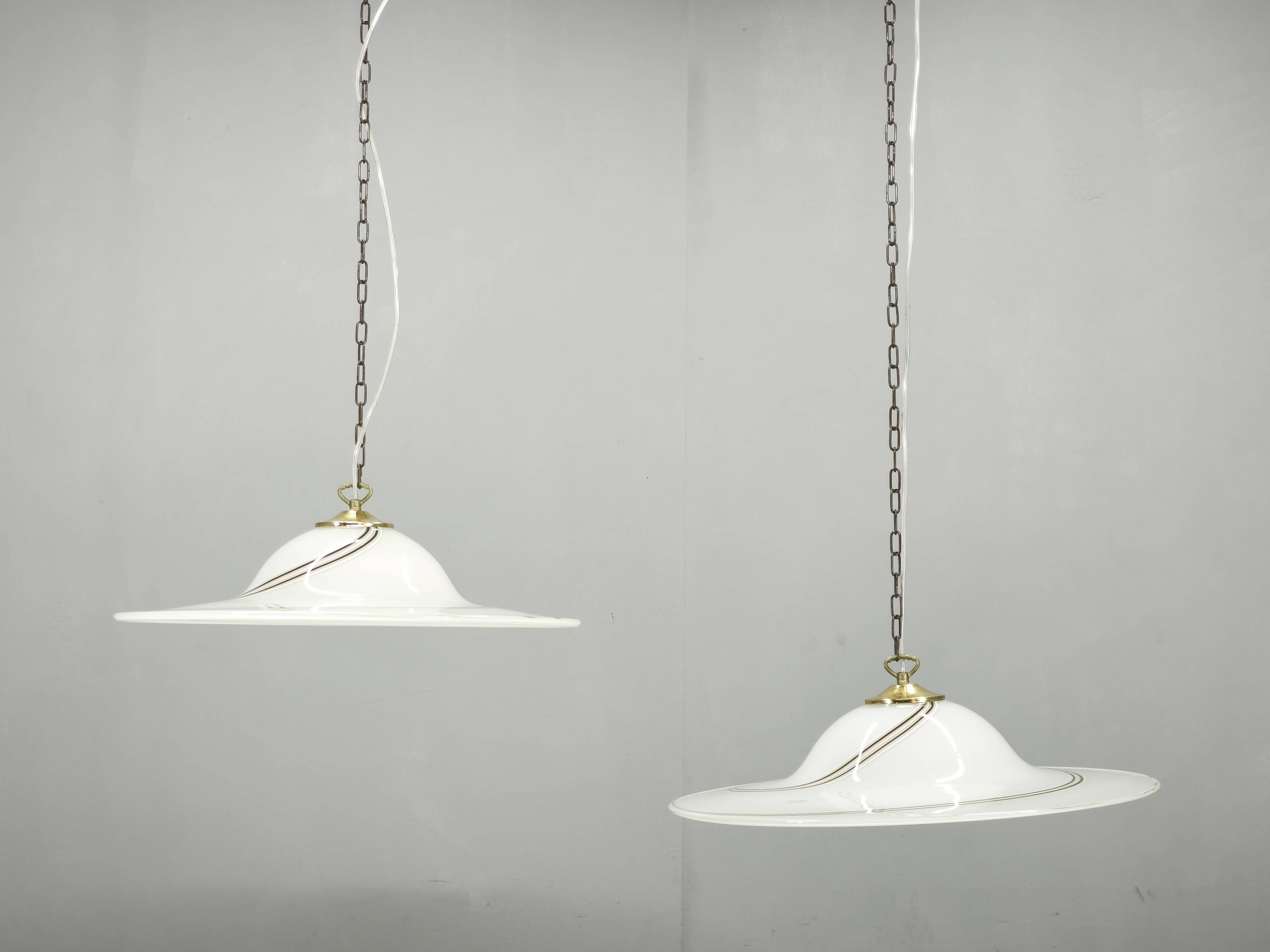 Pair of 1970s Italian Murano Opaline Glass and Brass Pendant Lights