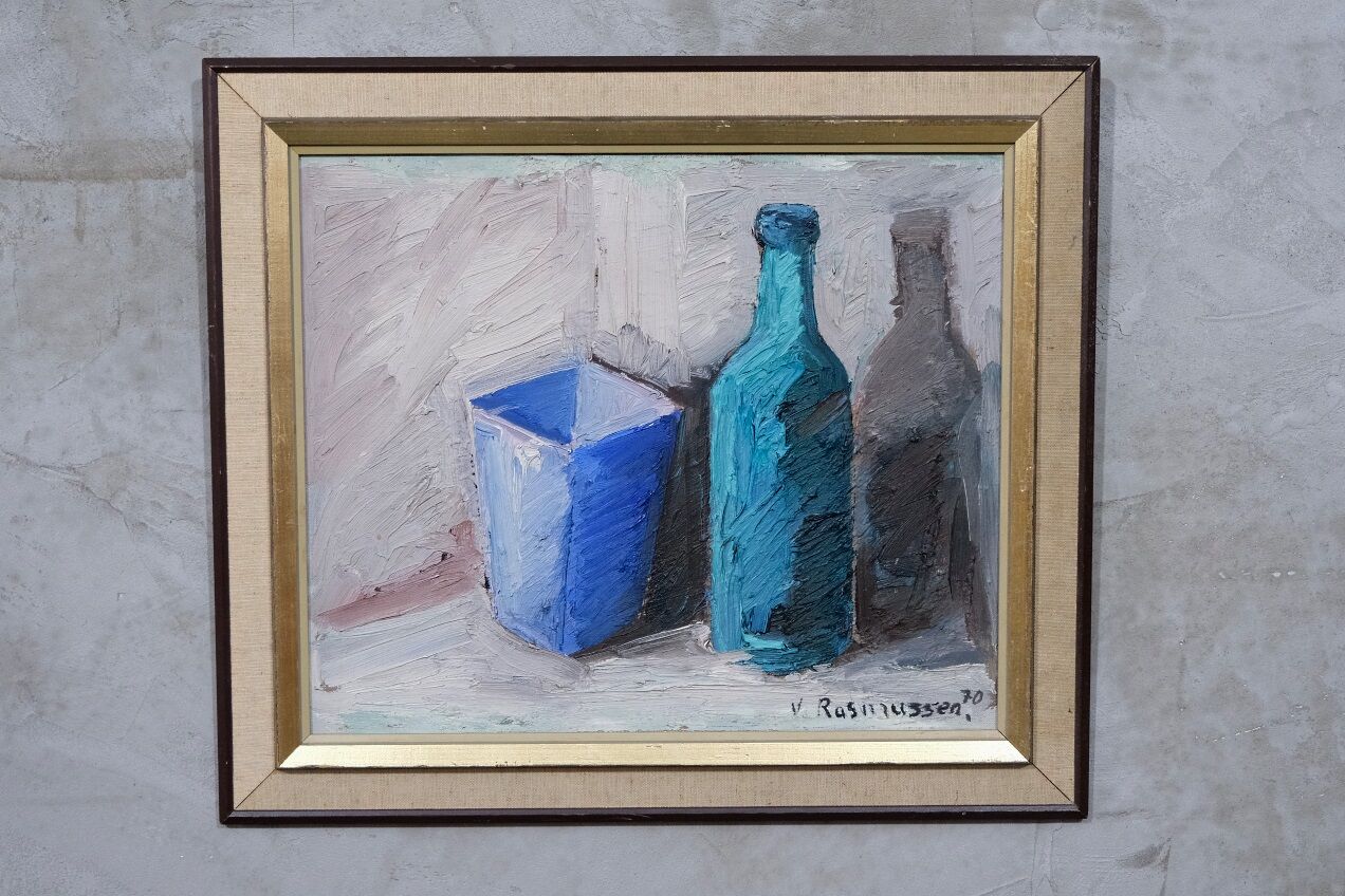 Nature morte scandinave à l’huile, Viktor Rasmussen (1922-2004), années 1970, huile sur toile