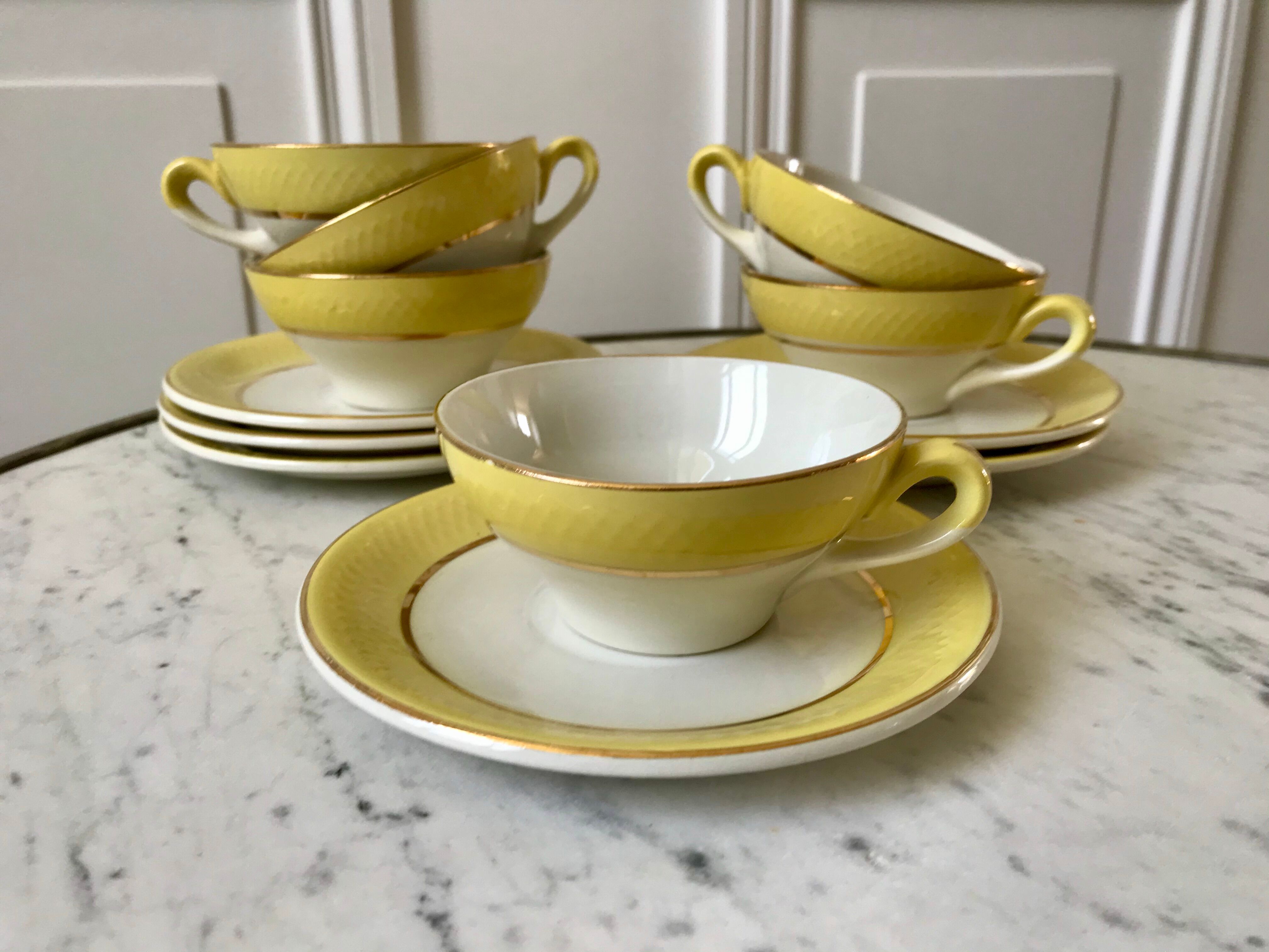 coffee set 6 cups, milk jug and sugar bowl Moulin des Loups textured yellow 50s