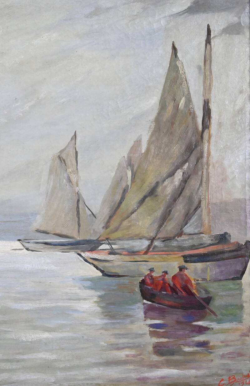 Painting "Sailboats on Calm Sea", oil on canvas, signed C. Bustad – 1928