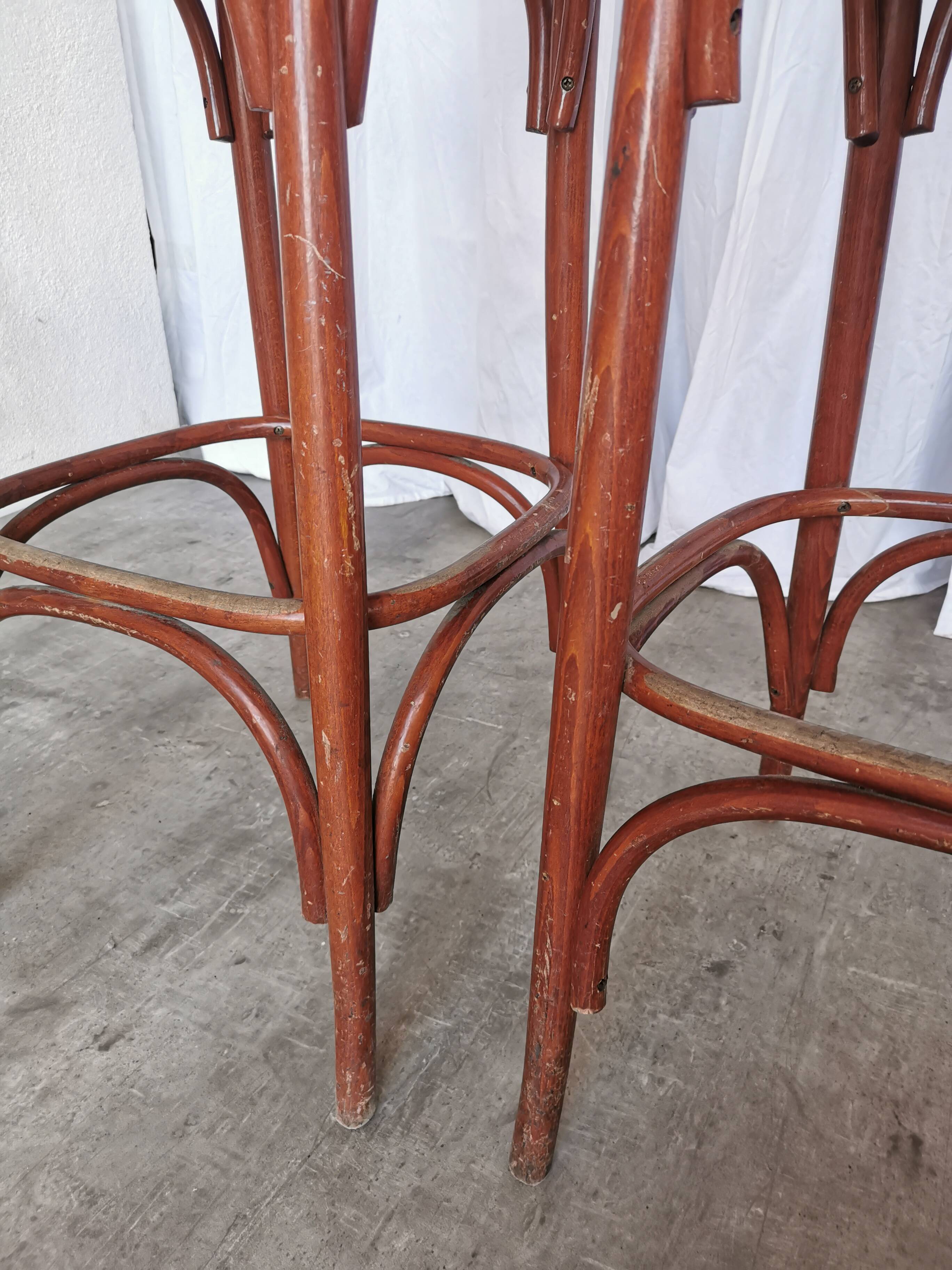 Mid-Century Thonet Style Bar Stools: Red Faux Leather Seat, Set of 2