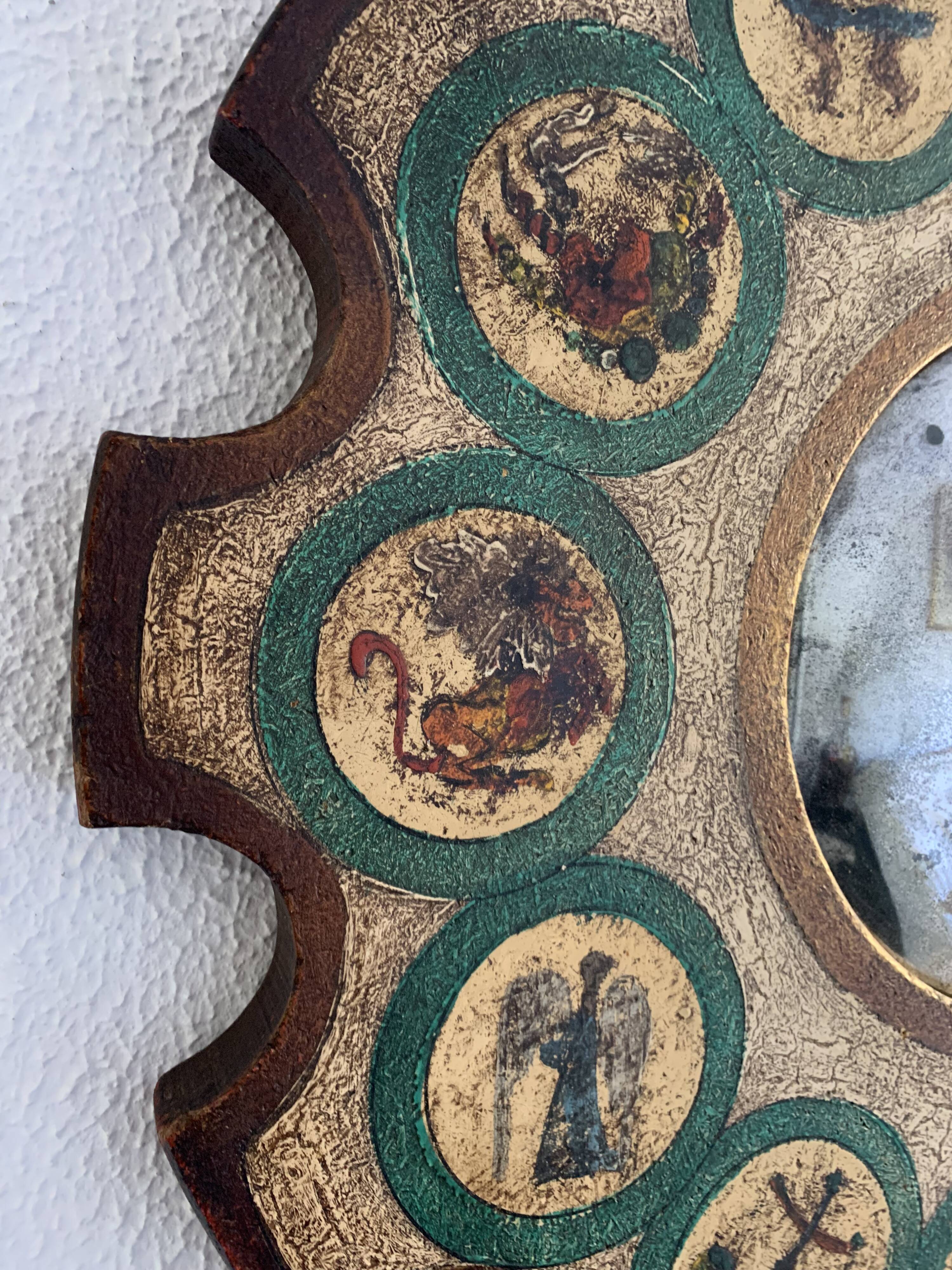 Vintage 1960s witch's eye sun mirror, wooden zodiac - 56 cm
