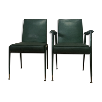 Armchair and chair leather and  metal by  Jules Leleu