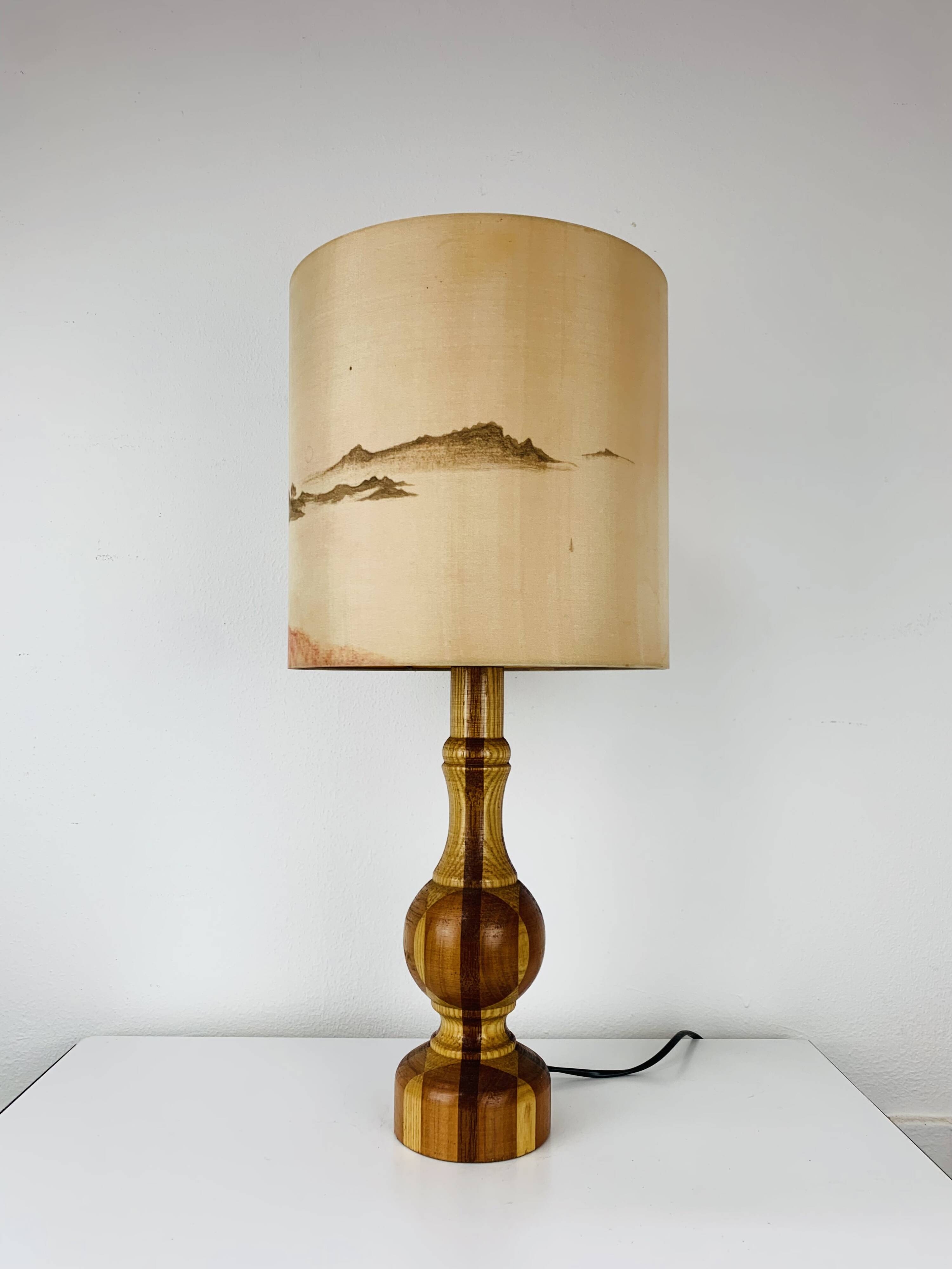 Vintage turned wood lamp, silk lampshade