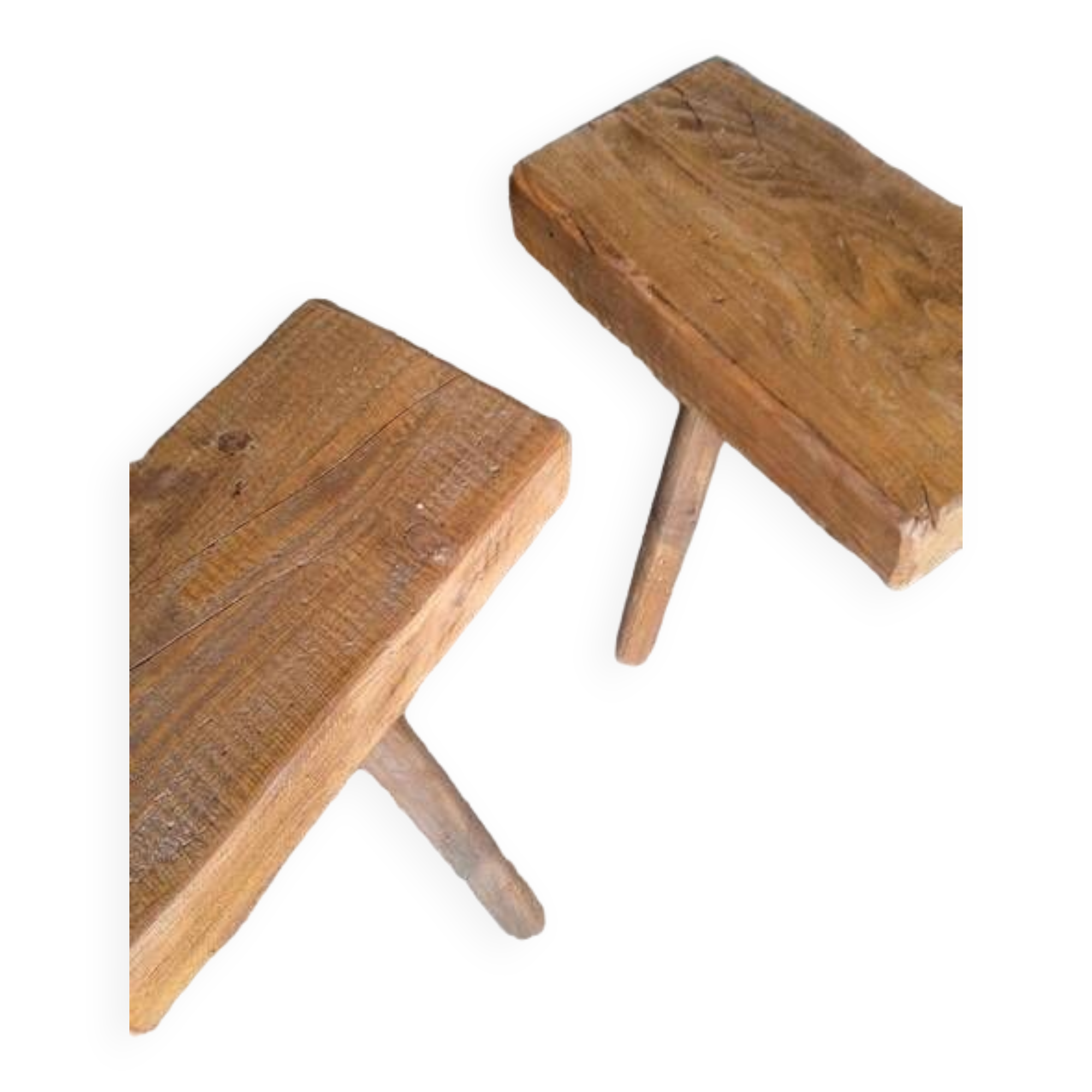 Pair of low stools in old patinated solid wood