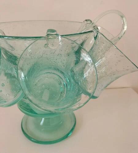 Service en verre soufflé bullé vert d'eau – Coupe sur pied, 5 tasses et louche