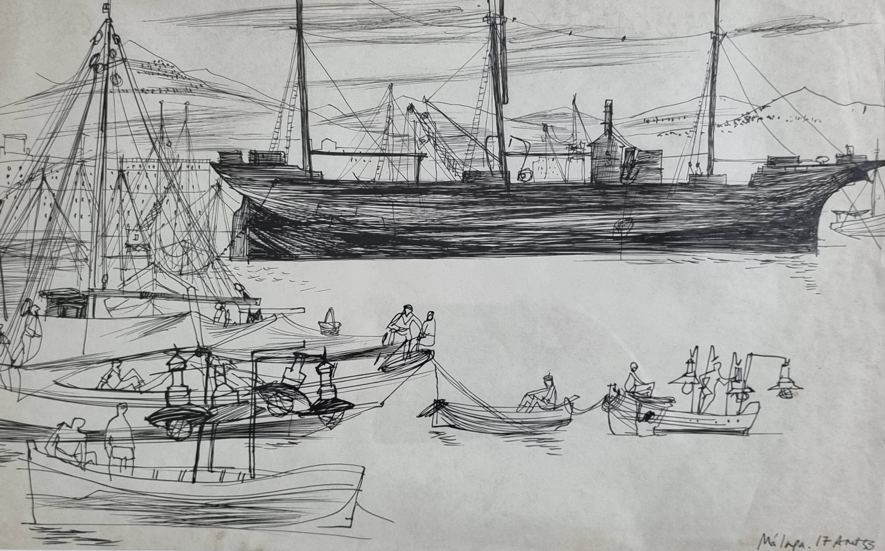 Original ink drawing, travel sketchbook, 1955, port scene 52x34 cm