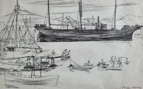 Dessin original à l’encre, carnet de voyage, 1955, scène portuaire 52x34 cm