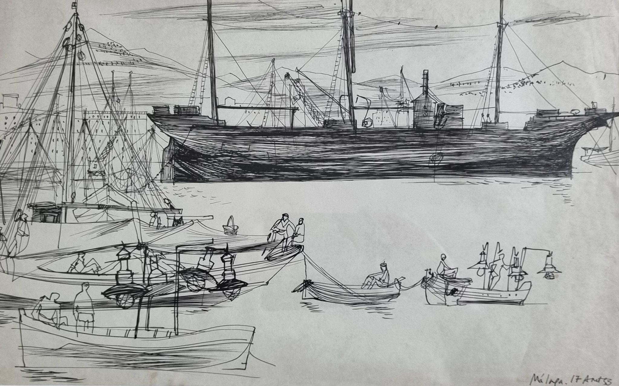 Original ink drawing, travel sketchbook, 1955, port scene 52x34 cm
