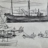 Original ink drawing, travel sketchbook, 1955, port scene 52x34 cm