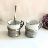 Set two porcelain cups with pewter support