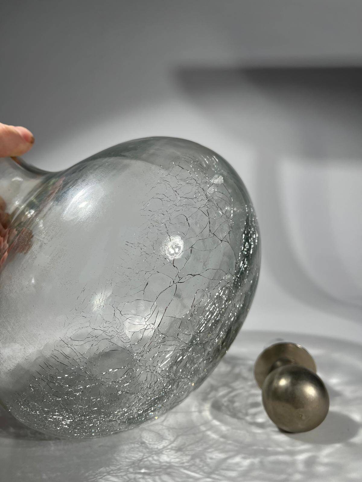 vintage cracked glass carafe with metal stopper