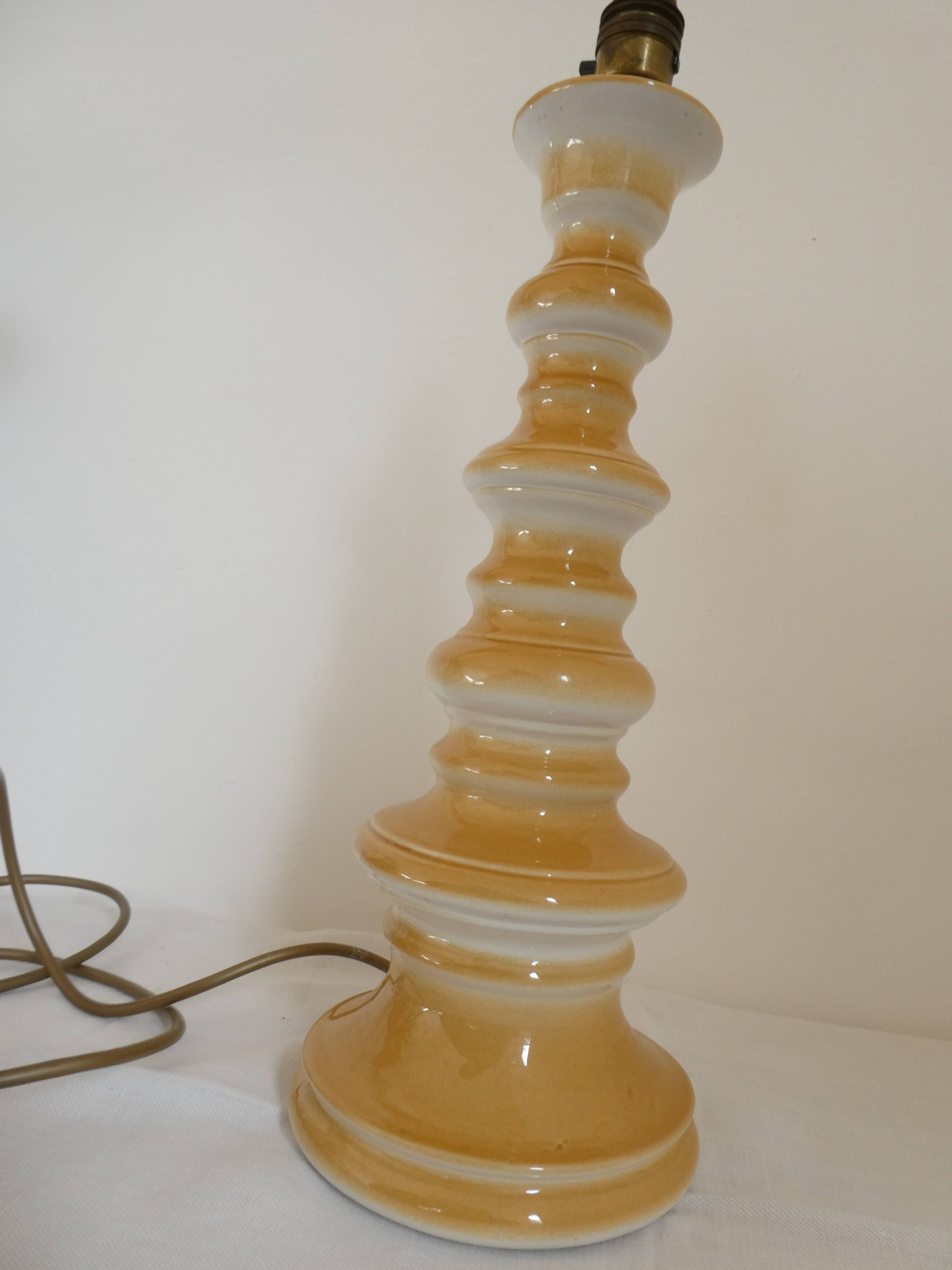 Large baluster-shaped lamp base in yellow and beige ceramic from the 1960s.