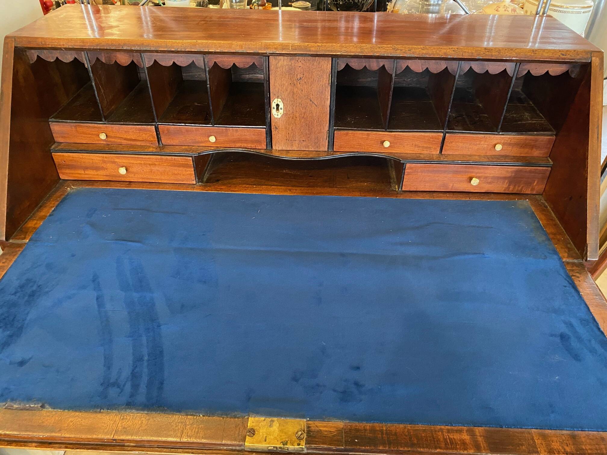 English scriban desk 19th c. mahogany with drawers bronze fittings bone knobs