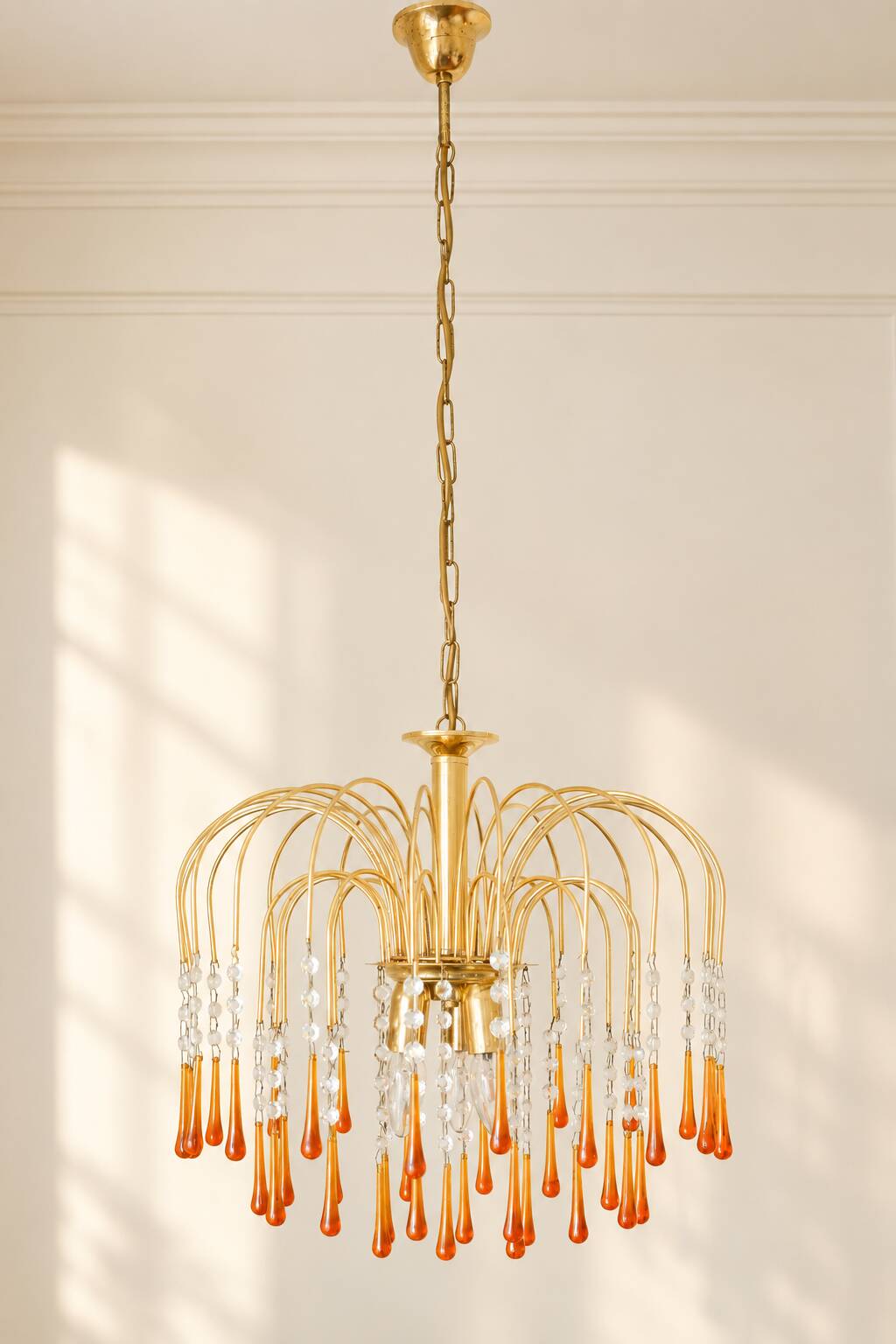 Vintage chandelier with amber pendants, Murano style.