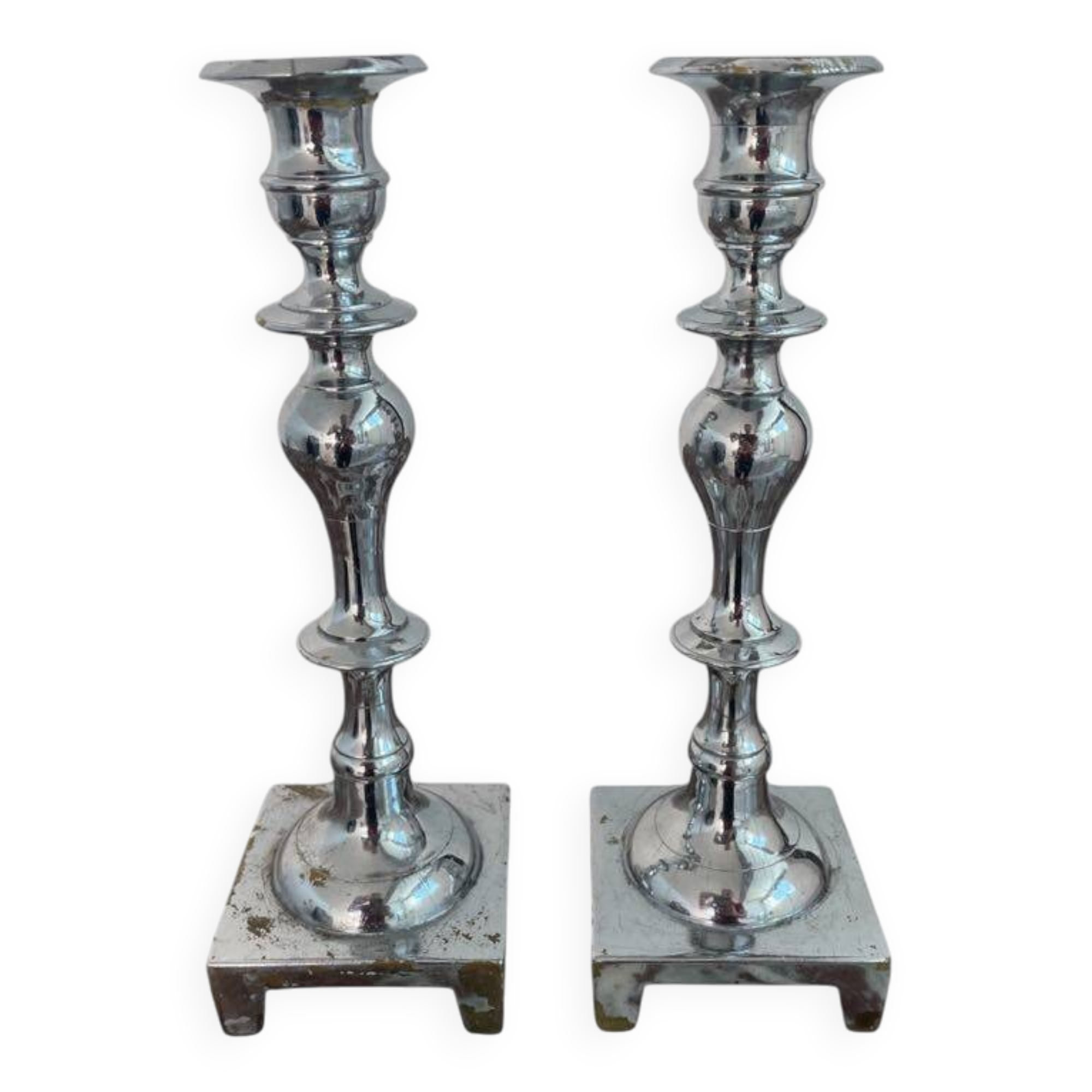 Large antique silver plated candlesticks, square base, pair, classic