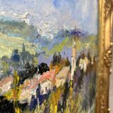 Oil painting on canvas village landscape, gilded frame