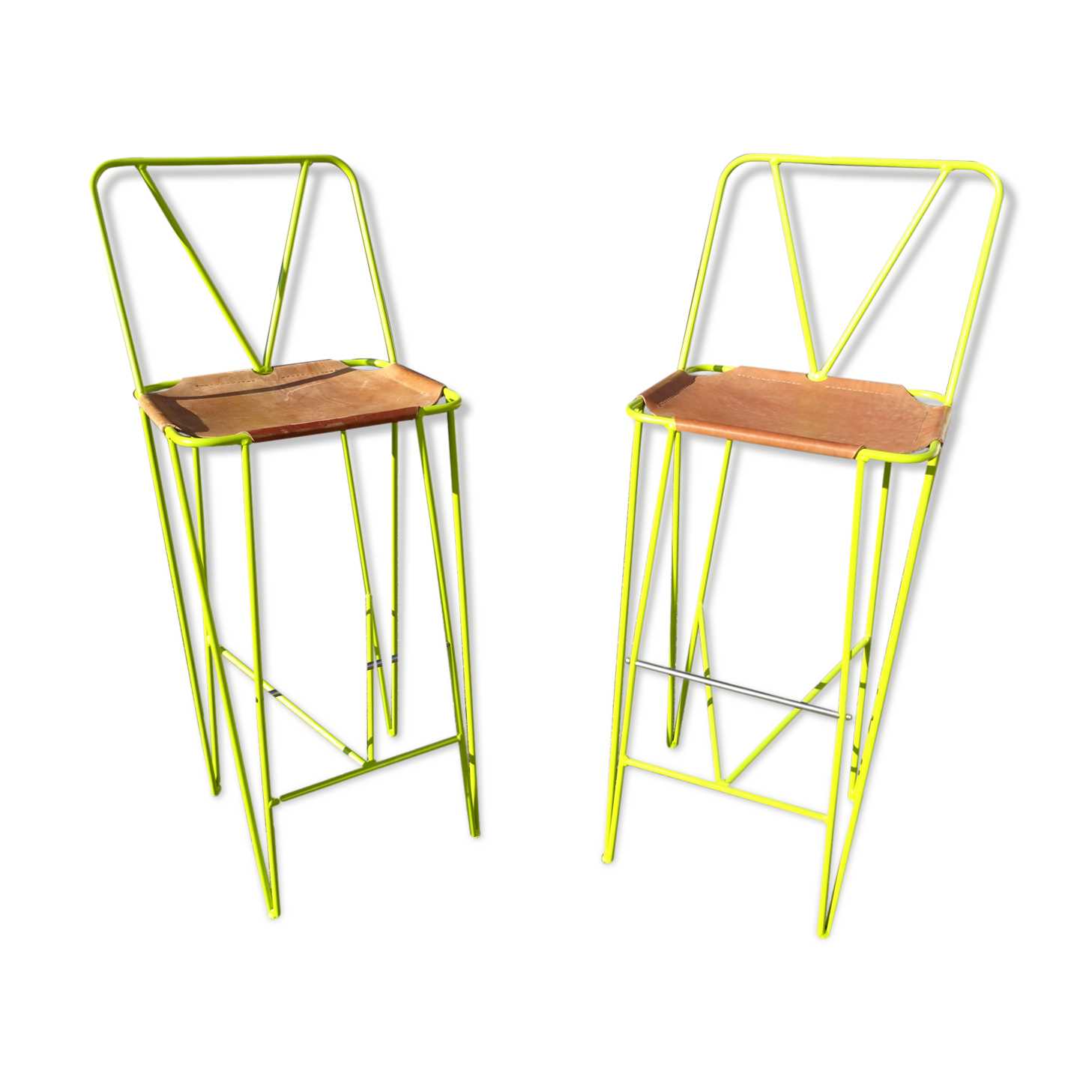 Paire de tabourets hauts tabourets de bar cuir et métal vert acidulé