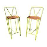 Pair of stools high bar stools leather and acidulous green metal