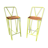 Pair of stools high bar stools leather and acidulous green metal