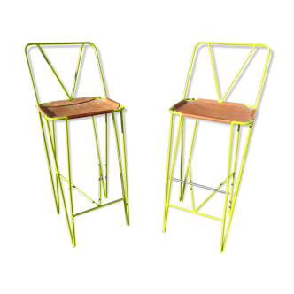 Pair of stools high bar stools leather and acidulous green metal