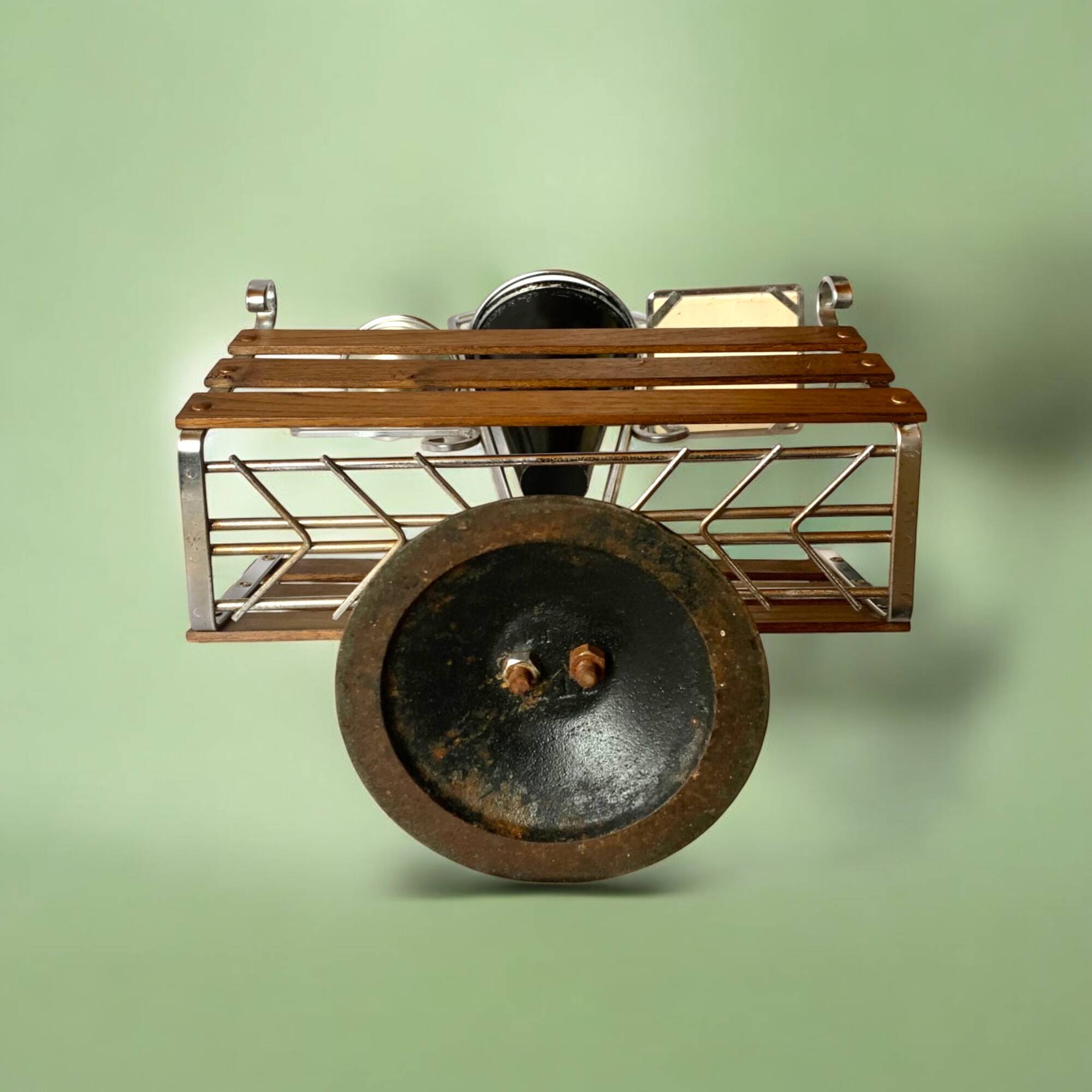 : Multifunctional magazine rack from the 50s-60s in chrome-plated metal and solid wood