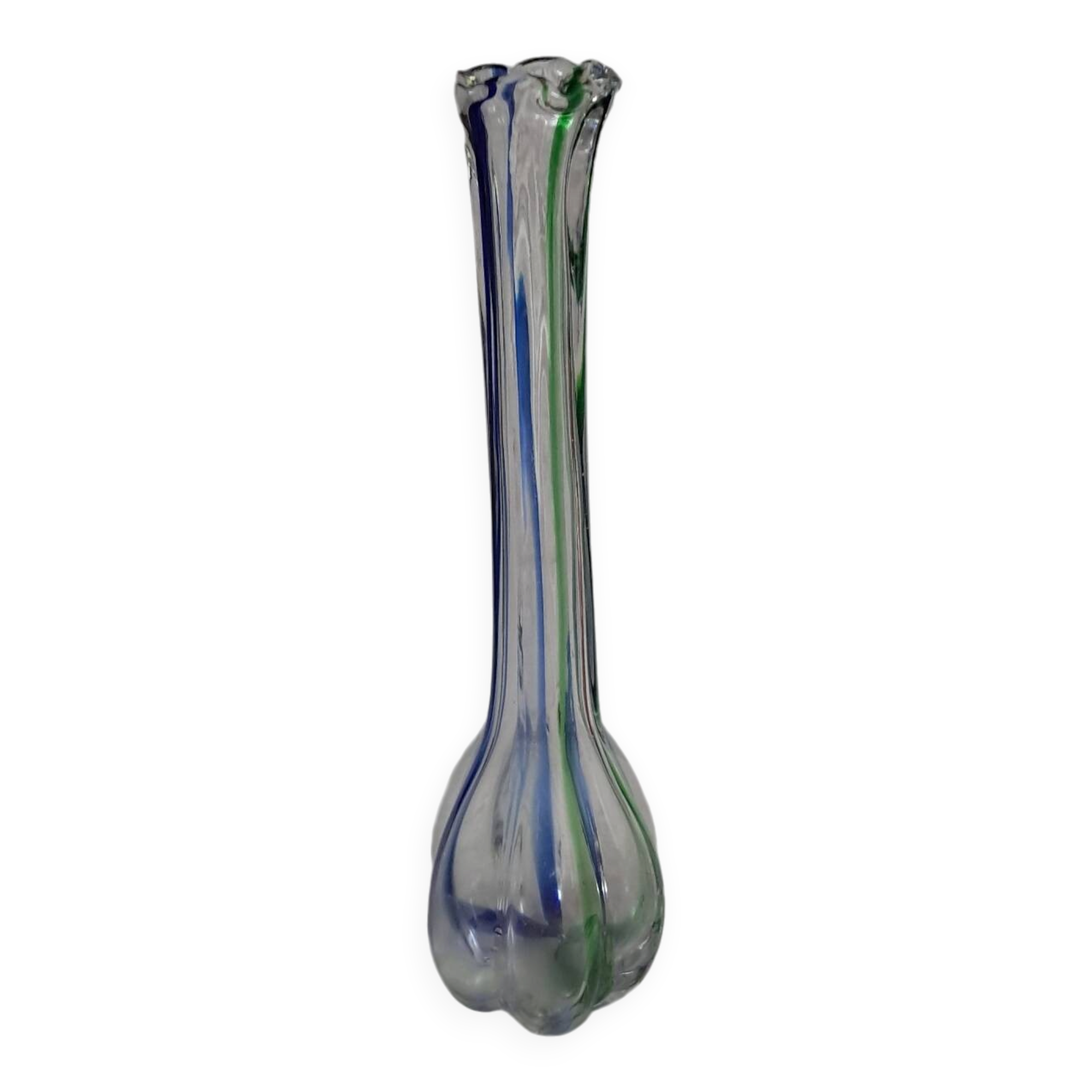 Vintage Murano glass filigree soliflore vase in blue and green.
