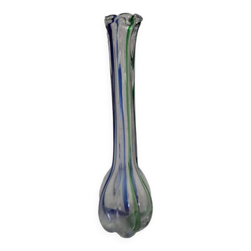 Vintage Murano glass filigree soliflore vase in blue and green.