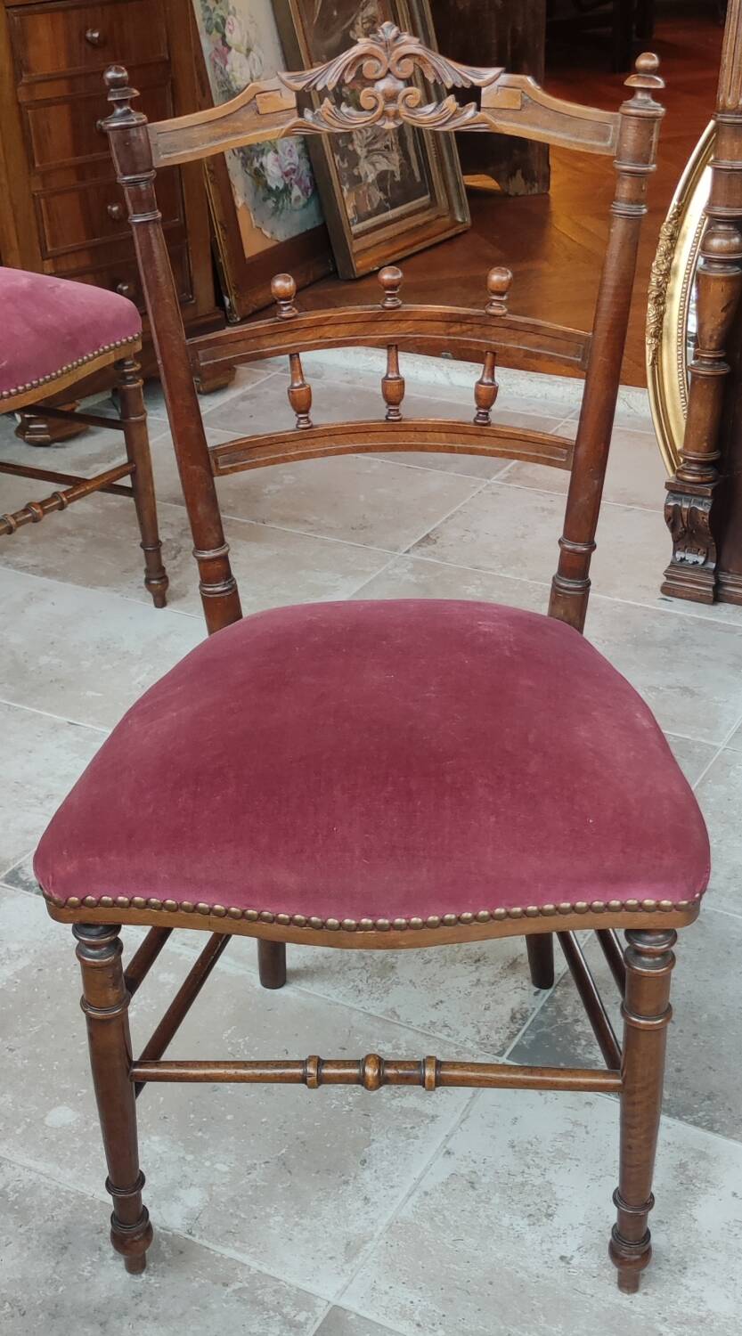 Pair of old velvet chairs in old rose carved wood