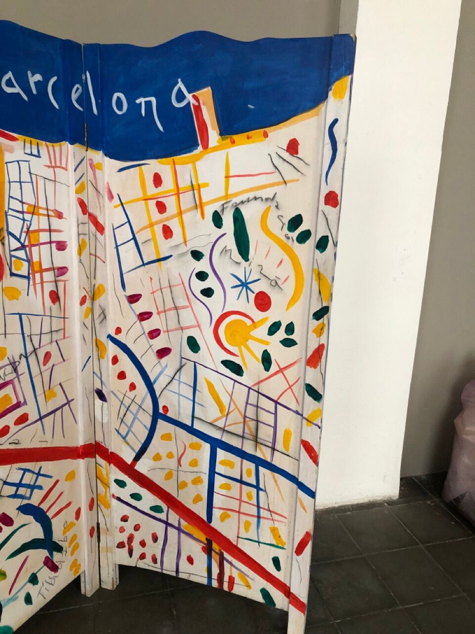 Painted wooden screen with the map of Barcelona 210 W x 170 H