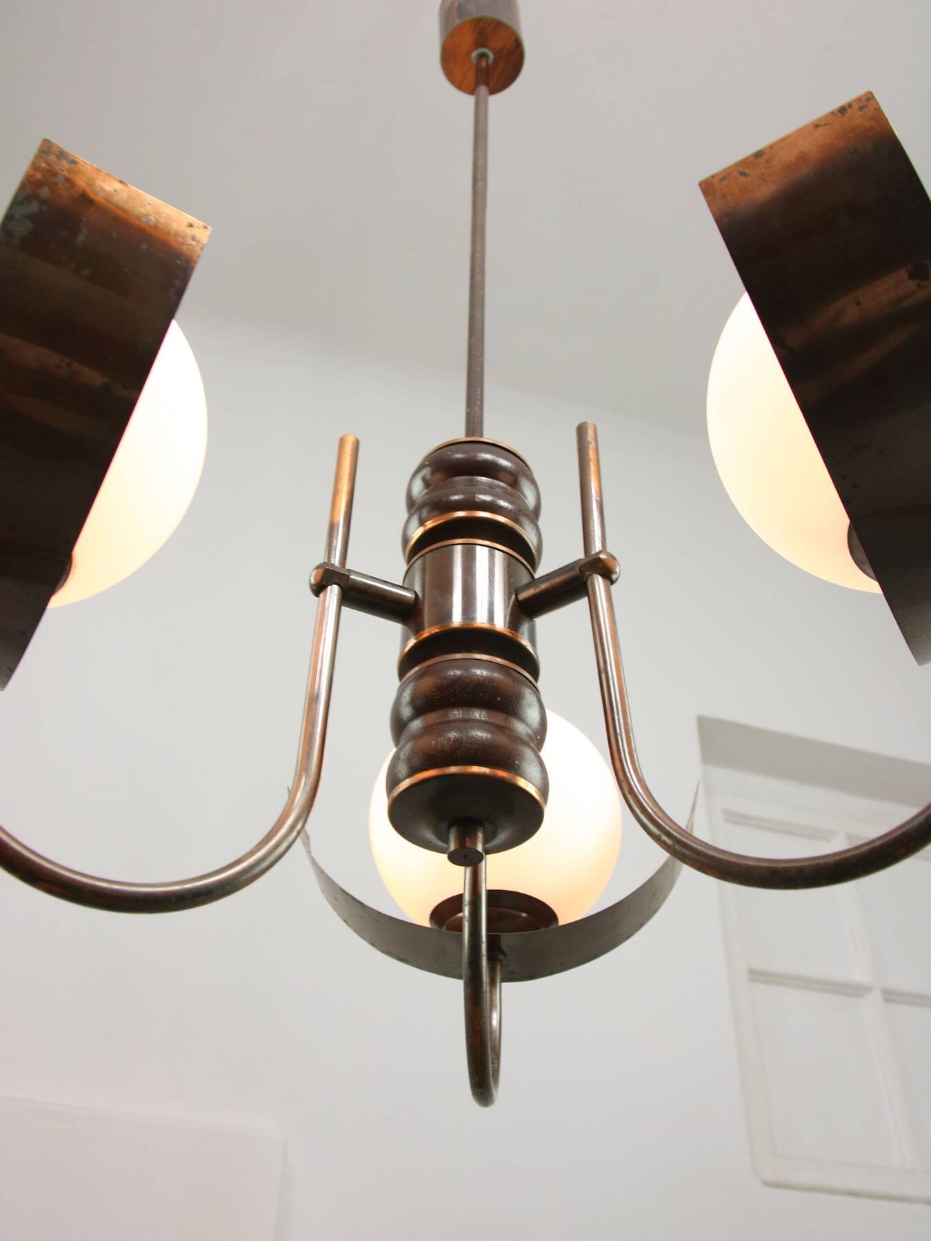 Vintage Italian Copper and Opaline Chandelier, 1970s