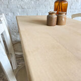 Ancienne table de ferme piétement patine blanche
