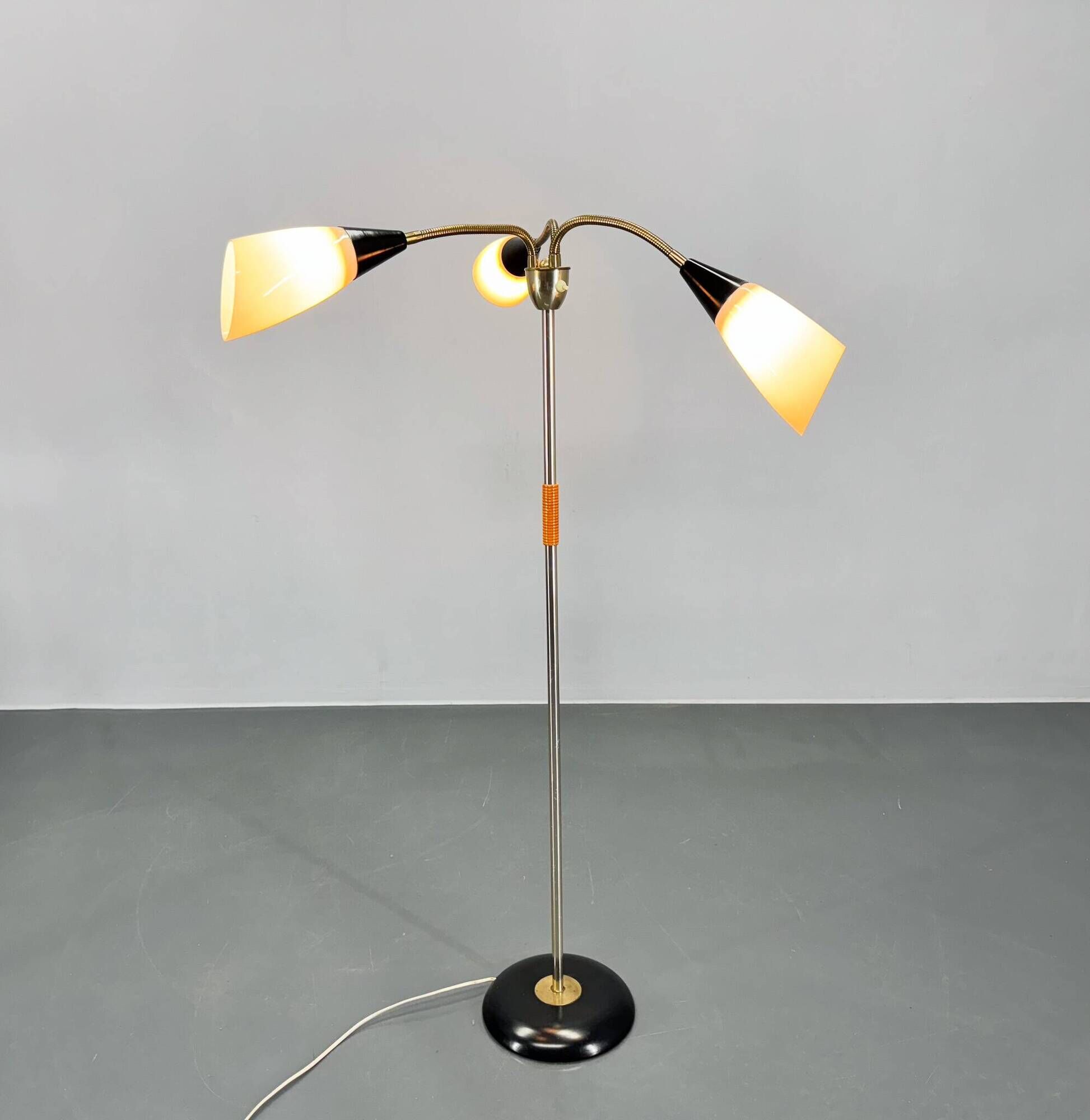 1950s Brass & Glass Adjustable Floor Lamp with Wooden Detail