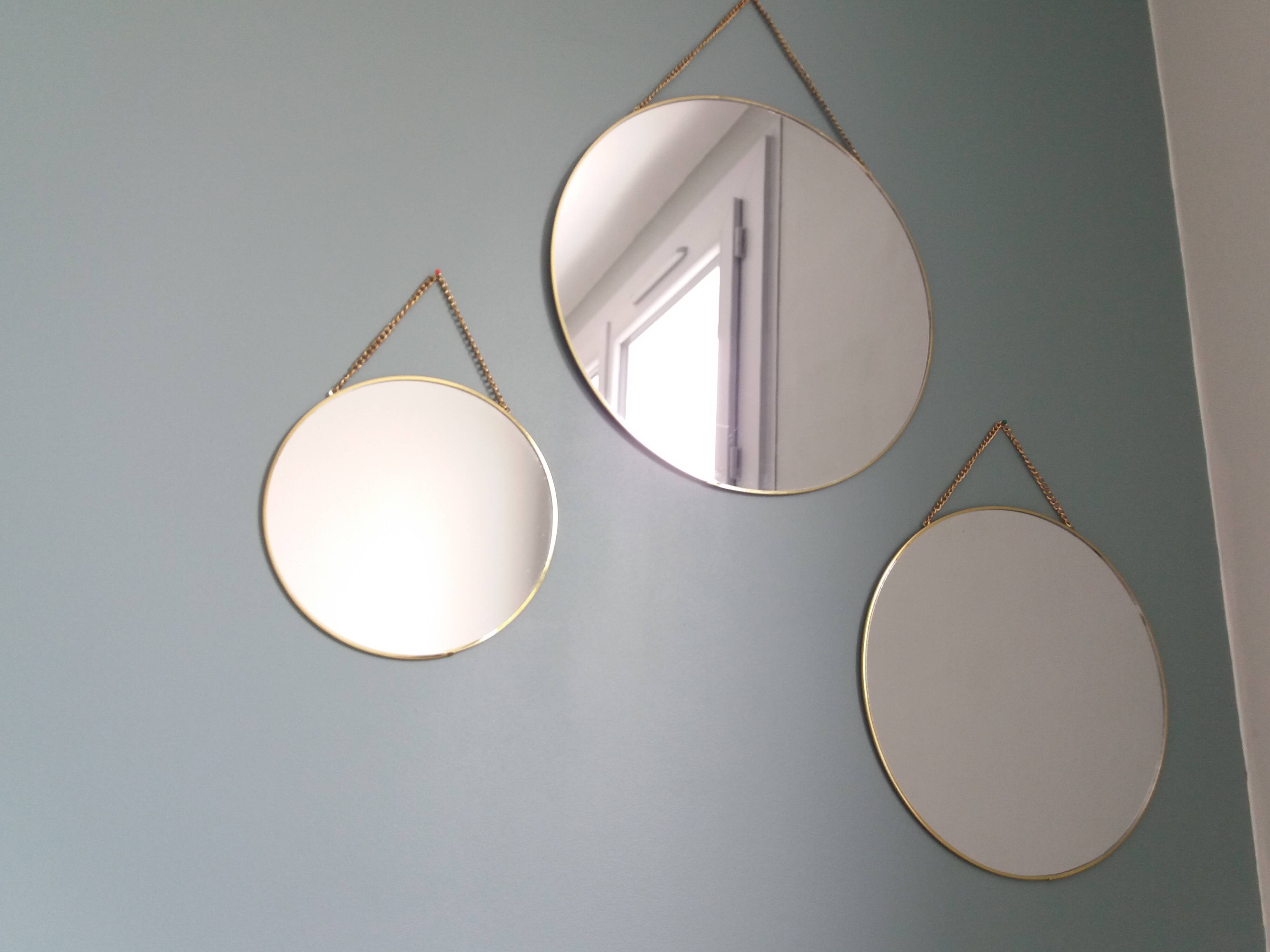 3 miroirs ronds métal doré, diametre 35, 30 et 20 cm