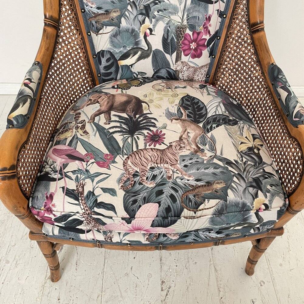 Mid-Century French Armchair in Bamboo Style with Animal Print Fabric, 1980